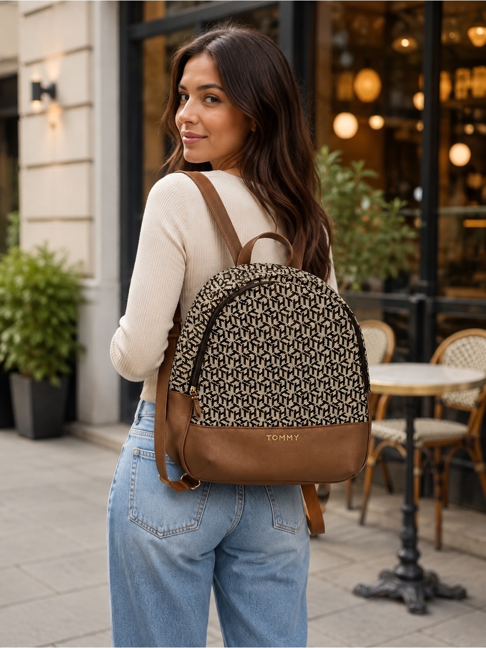Tommy Hilfiger Brown Logo-Print Backpack with Tan Leather Trim